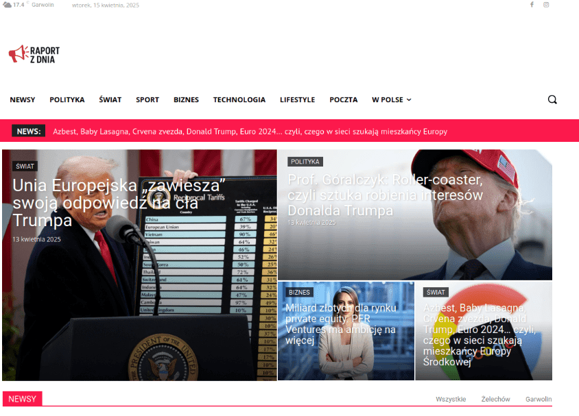 Strona główna wiadomości raportzdnia.pl zawiera nagłówki na temat stanowiska UE wobec Trumpa, opinie ekspertów i trendy, z uderzającymi obrazami Trumpa na podium i w jego kultowej czerwonej czapce. Bądź na bieżąco z raportzdnia.
